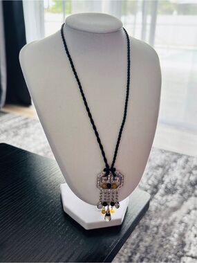 Art Deco Style Geometric Silver Tassel Pendant Necklace With Multi Gems